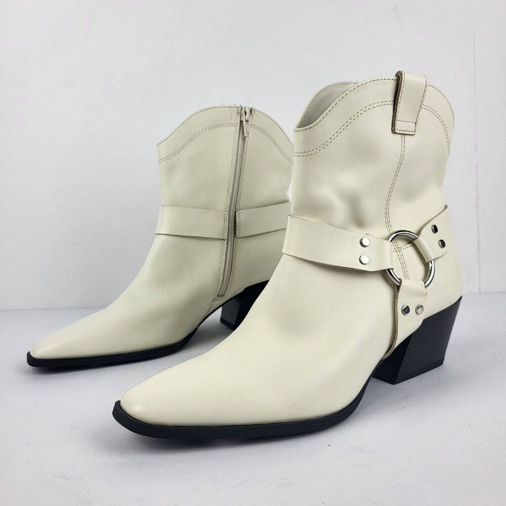 Open Edit Enzo Women's Leather Ankle Boot Ivory Western Bootie Size 8M